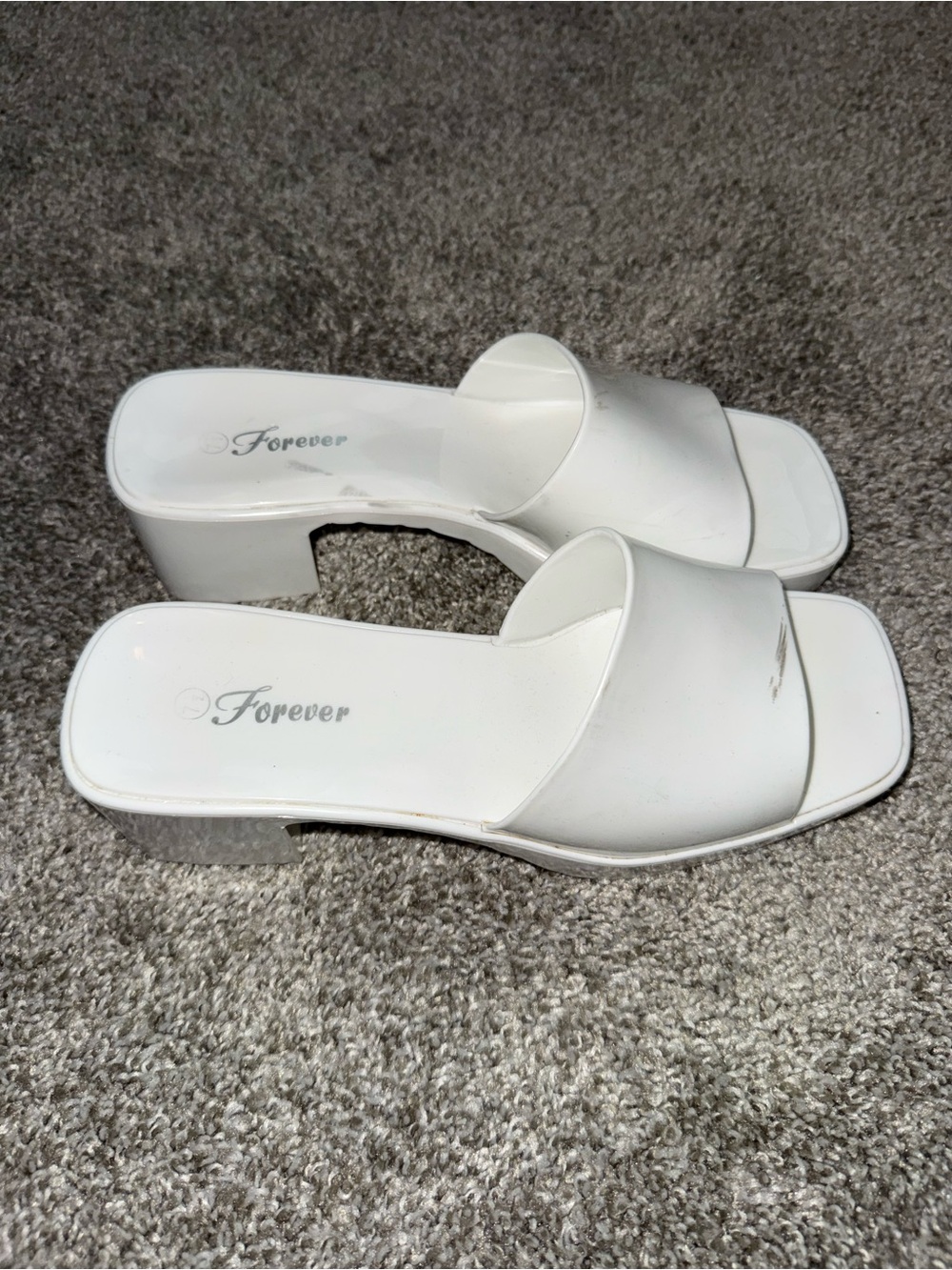 Forever White Square Toe Chunky Block Heel Slide Sandals - Size 7.5